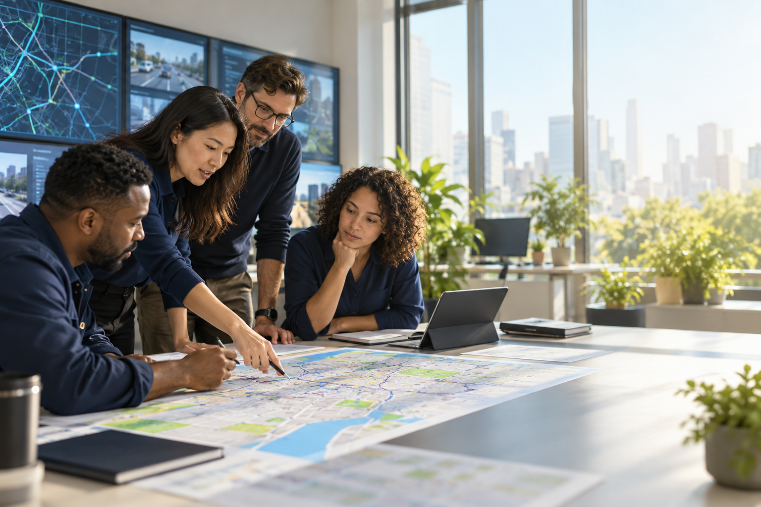 Operations team reviewing an urban logistics map