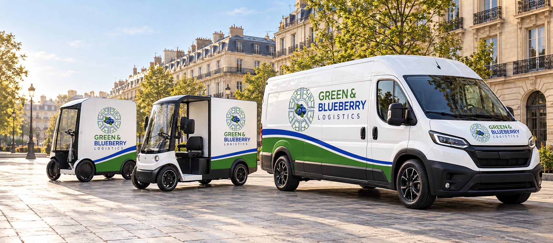 Green and Blueberry branded delivery van and two electric cargo vehicles, illustrative fleet concept