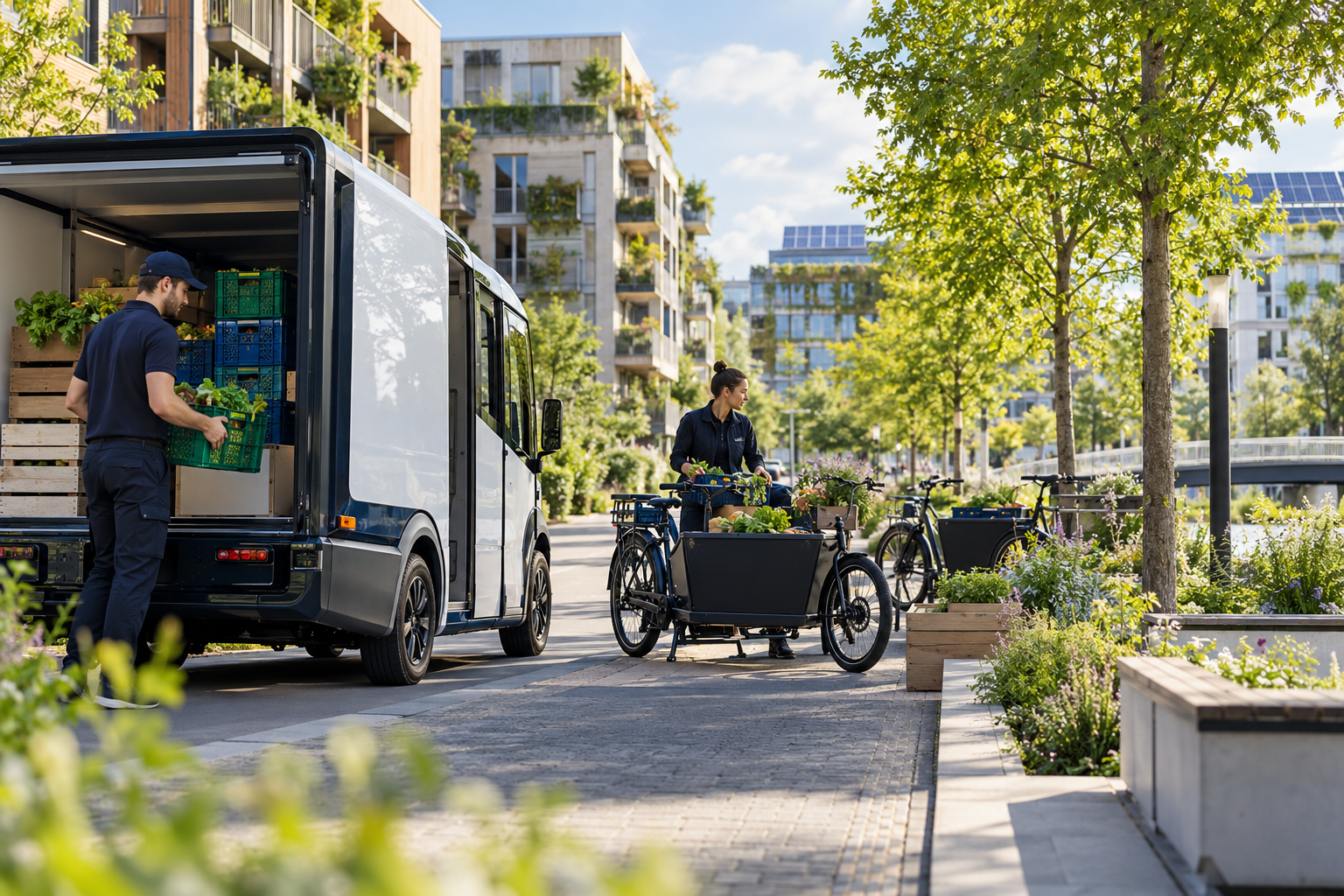 Sustainable urban delivery with electric vehicles and green infrastructure