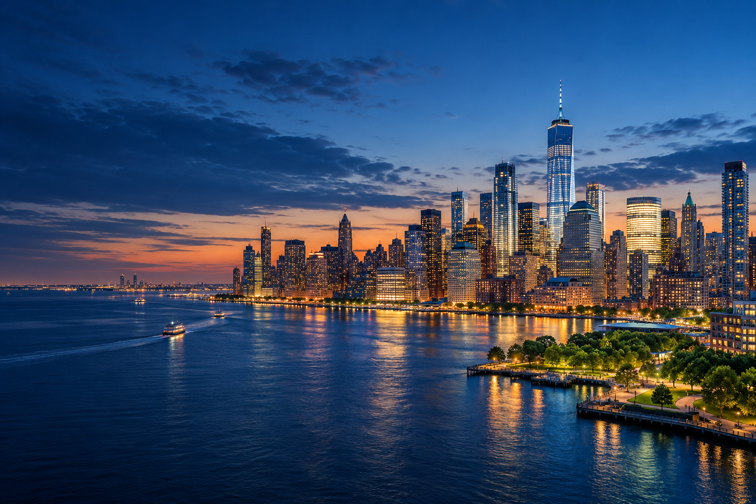New York City skyline at blue hour